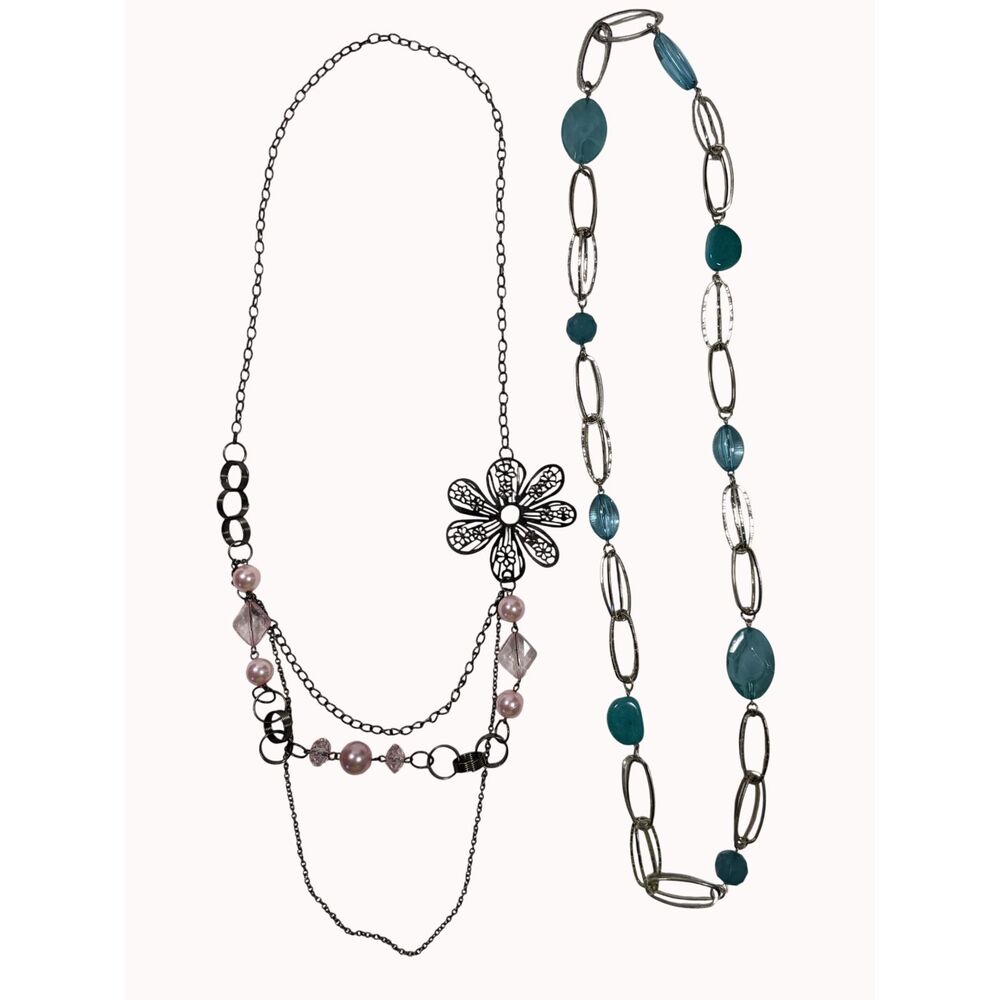 Lot Of 2 Silver Tone Statement Necklaces Bead Stations Blue Pink Fairycore Y2K